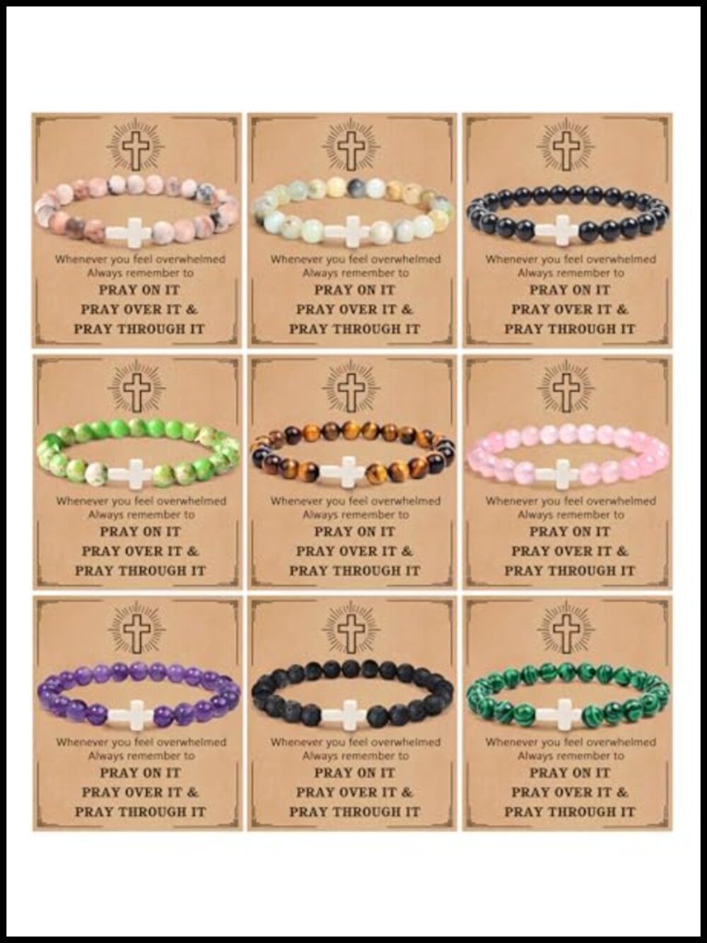 9 Pc Natural Stone Cross Stretch Bracelets Set Elastic Christian